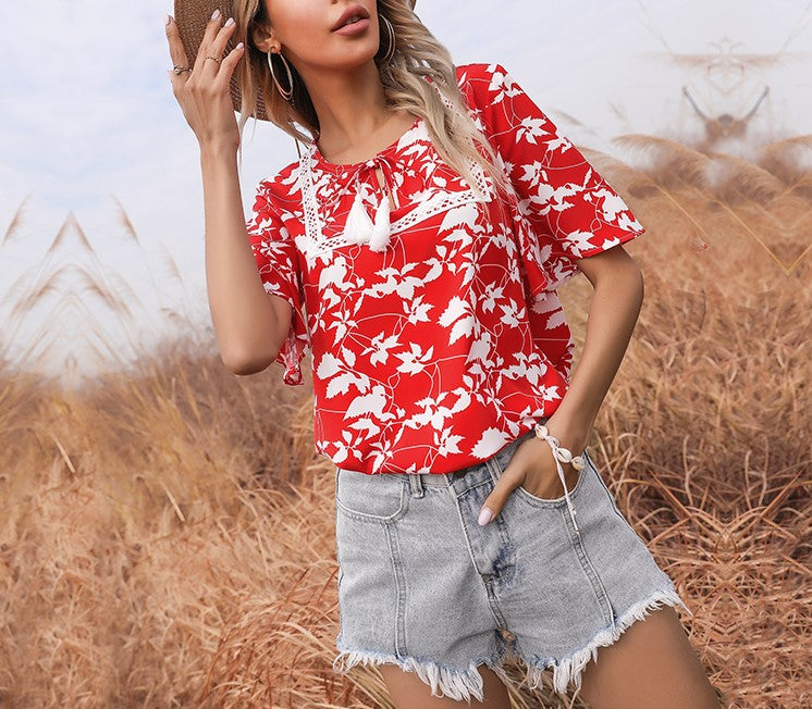 Floral Print Lace Trim Flutter Sleeve Top - Red - 4
