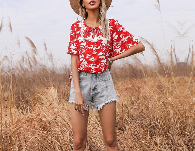 Floral Print Lace Trim Flutter Sleeve Top - Red - 5