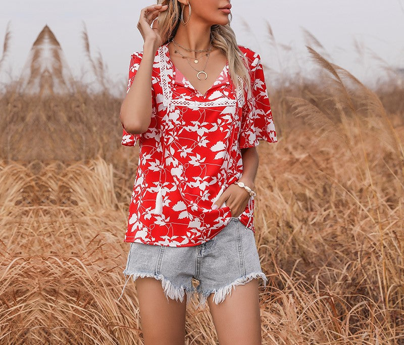 Floral Print Lace Trim Flutter Sleeve Top - Red - 6