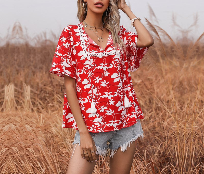 Floral Print Lace Trim Flutter Sleeve Top - Red - 7