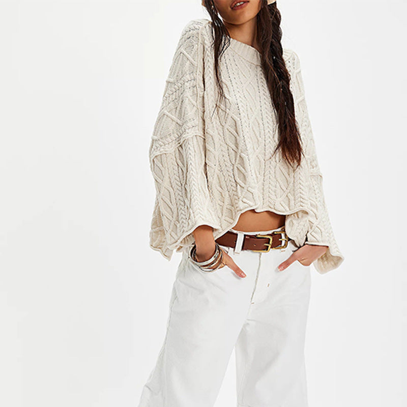Oversized Cable Knit Flared Sleeve Sweater - Apricot