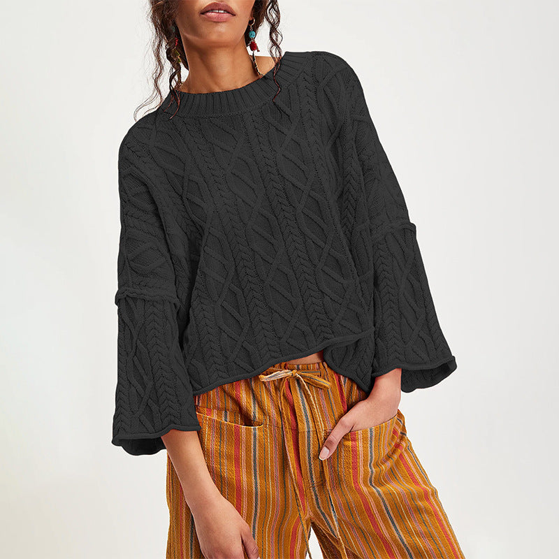 Oversized Cable Knit Flared Sleeve Sweater - Black