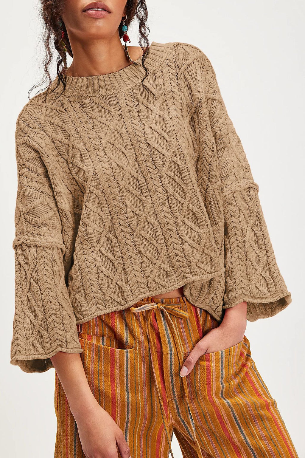 Oversized Cable Knit Flared Sleeve Sweater - Khaki