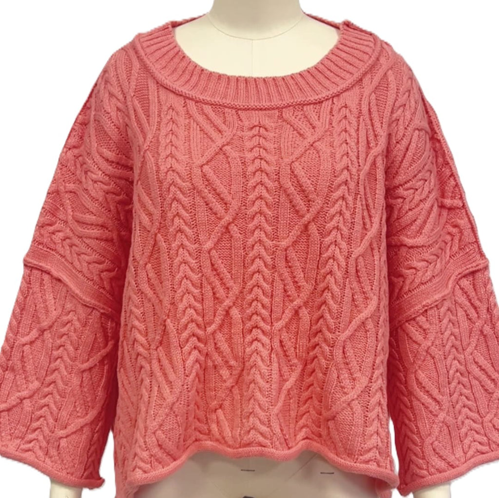 Oversized Cable Knit Flared Sleeve Sweater - Red