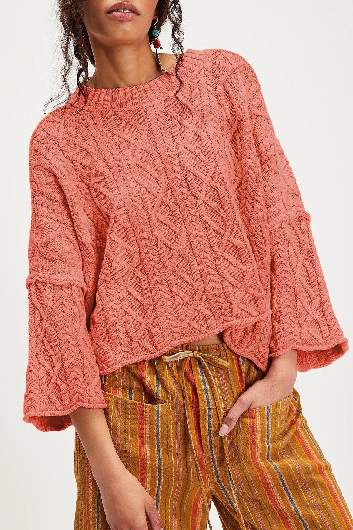 Oversized Cable Knit Flared Sleeve Sweater