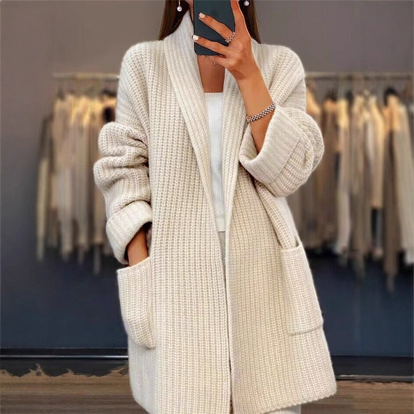 Longline Ribbed Open Front Chunky Cardigan - Apricot