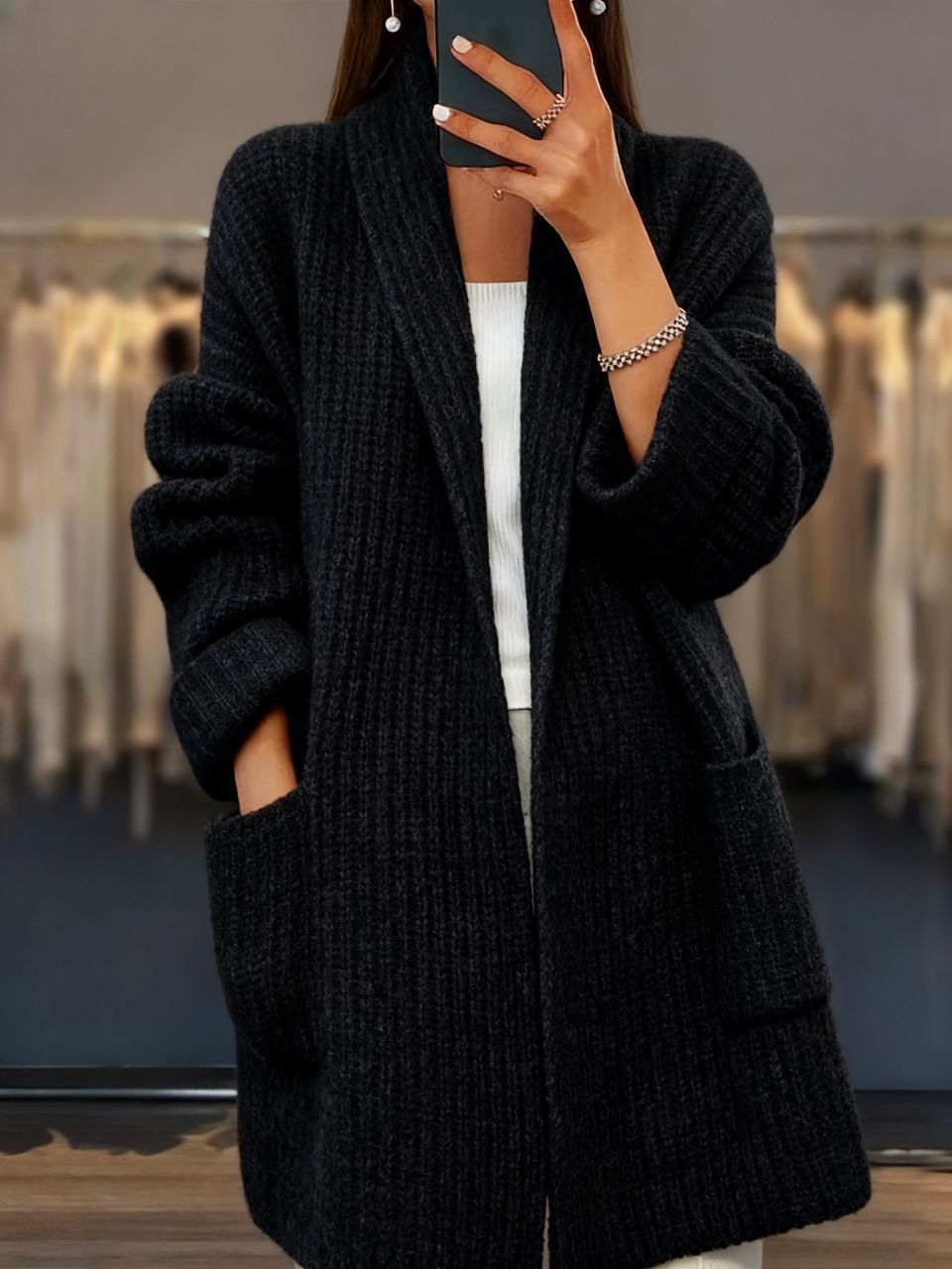 Longline Ribbed Open Front Chunky Cardigan - Black