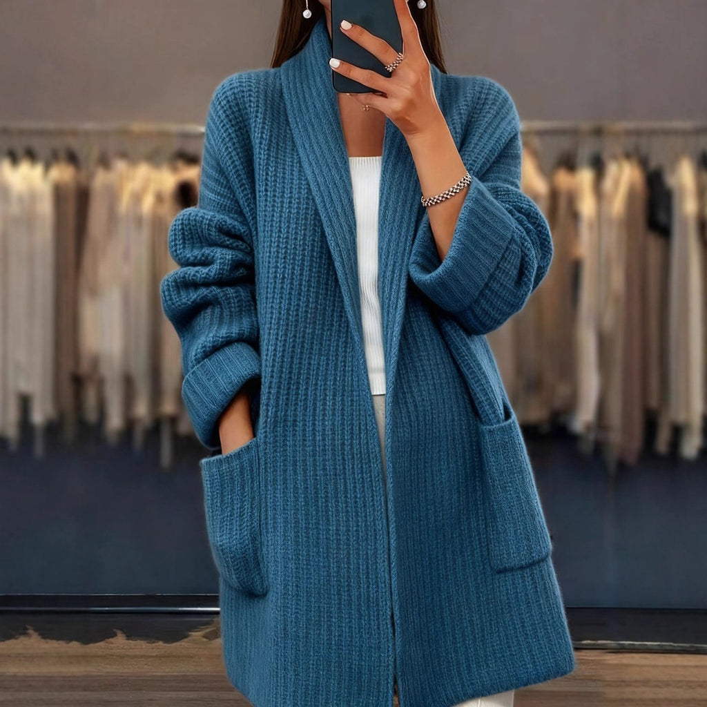 Longline Ribbed Open Front Chunky Cardigan - Blue