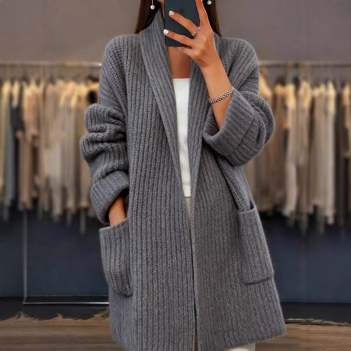 Longline Ribbed Open Front Chunky Cardigan - Darkgrey
