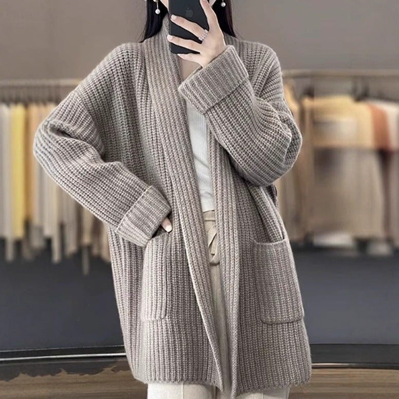 Longline Ribbed Open Front Chunky Cardigan - Grey