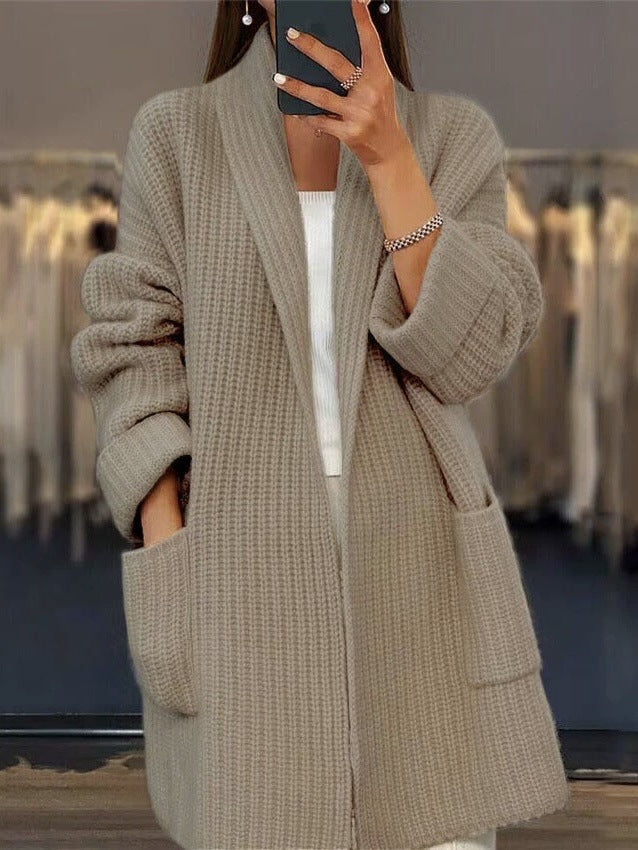 Longline Ribbed Open Front Chunky Cardigan - Khaki