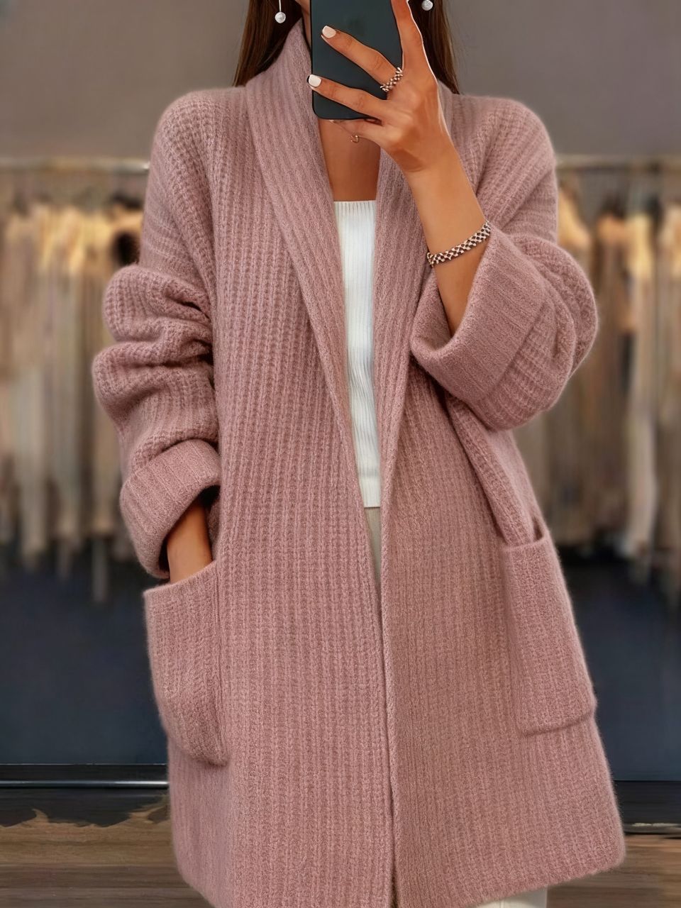 Longline Ribbed Open Front Chunky Cardigan - Pink
