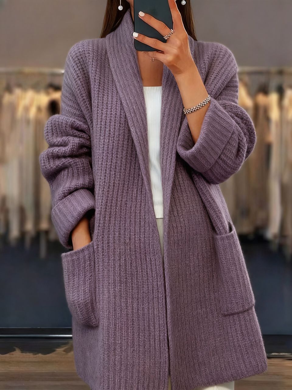 Longline Ribbed Open Front Chunky Cardigan - Purple