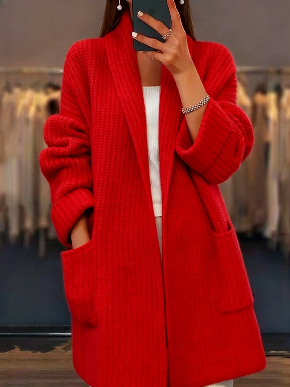 Longline Ribbed Open Front Chunky Cardigan - Red