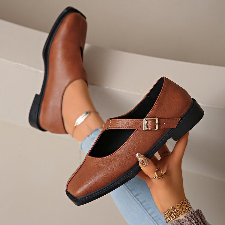 Square Toe Buckle Strap Mary Jane Flats - Brown