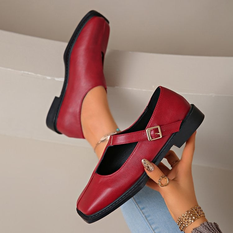 Square Toe Buckle Strap Mary Jane Flats - Burgundy