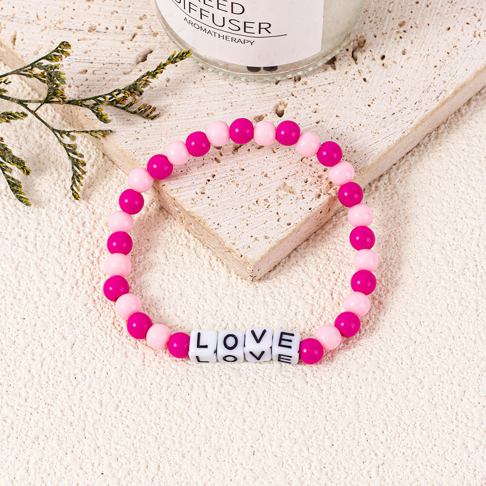 Letter Bead Word Charm Stretch Bracelet - Rose