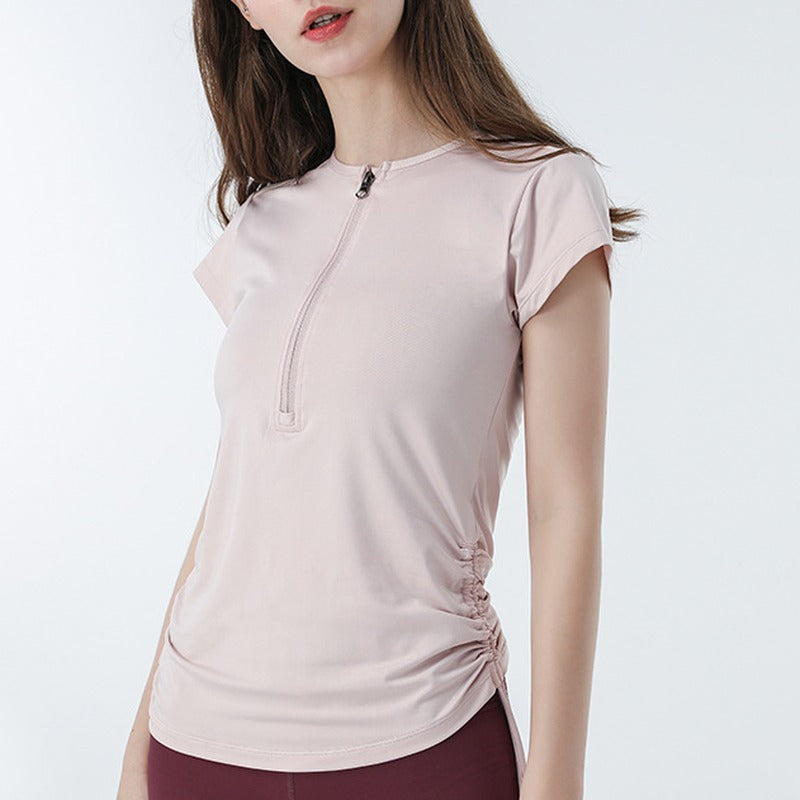 Stretch Ruched Half Zip Short Sleeve Workout Tee - Blush Pink