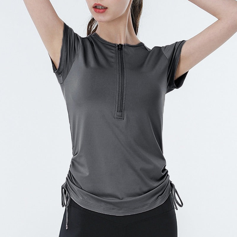Stretch Ruched Half Zip Short Sleeve Workout Tee - Charcoal