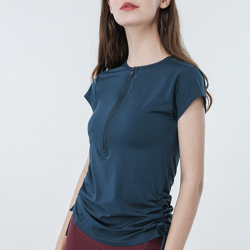 Stretch Ruched Half Zip Short Sleeve Workout Tee - Deep Teal