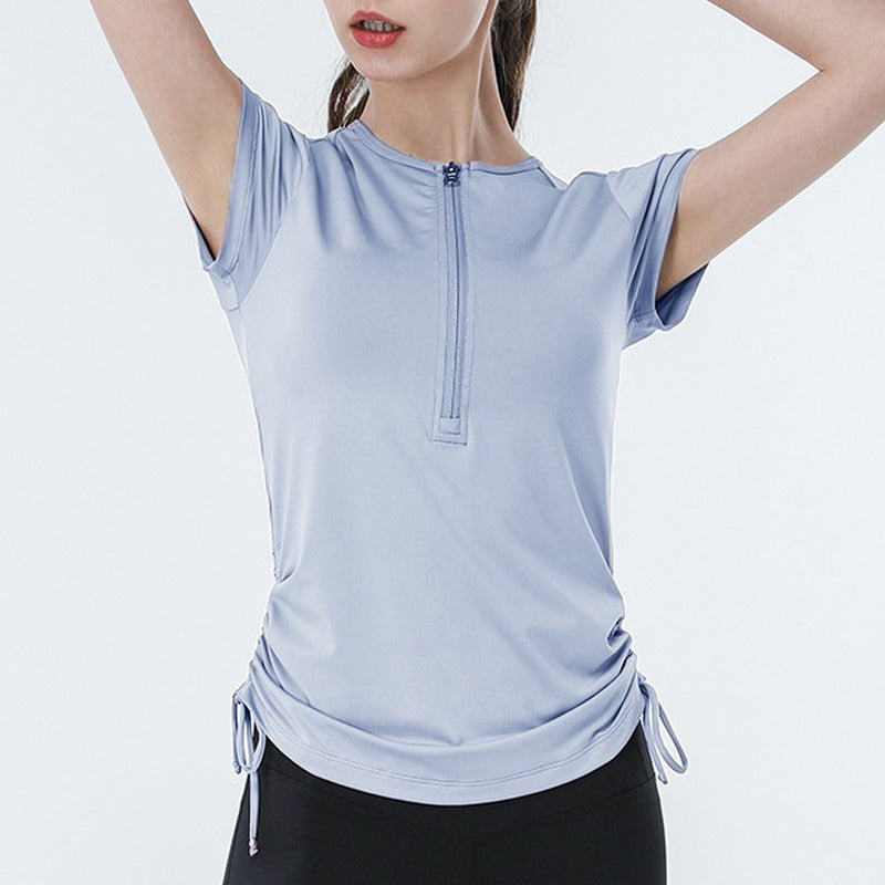 Stretch Ruched Half Zip Short Sleeve Workout Tee - Glacier Blue