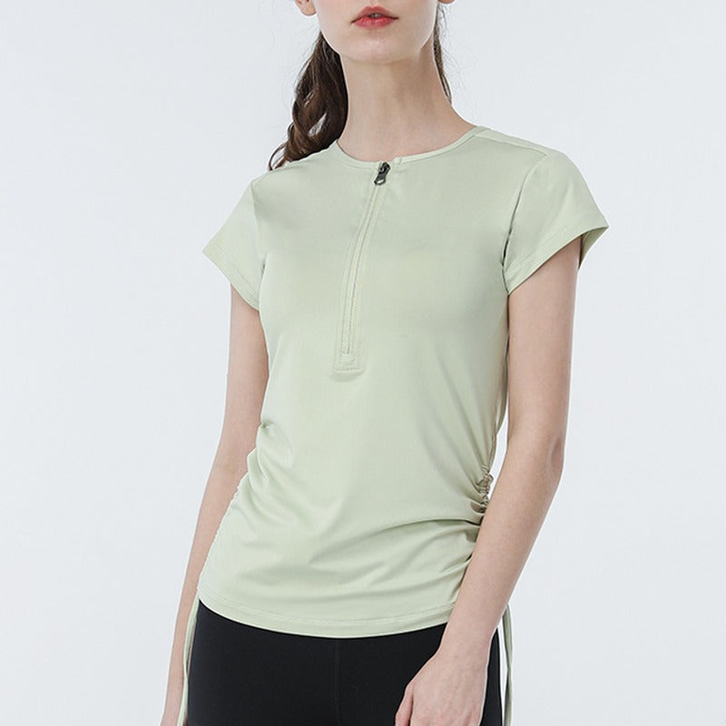 Stretch Ruched Half Zip Short Sleeve Workout Tee - Sage Green