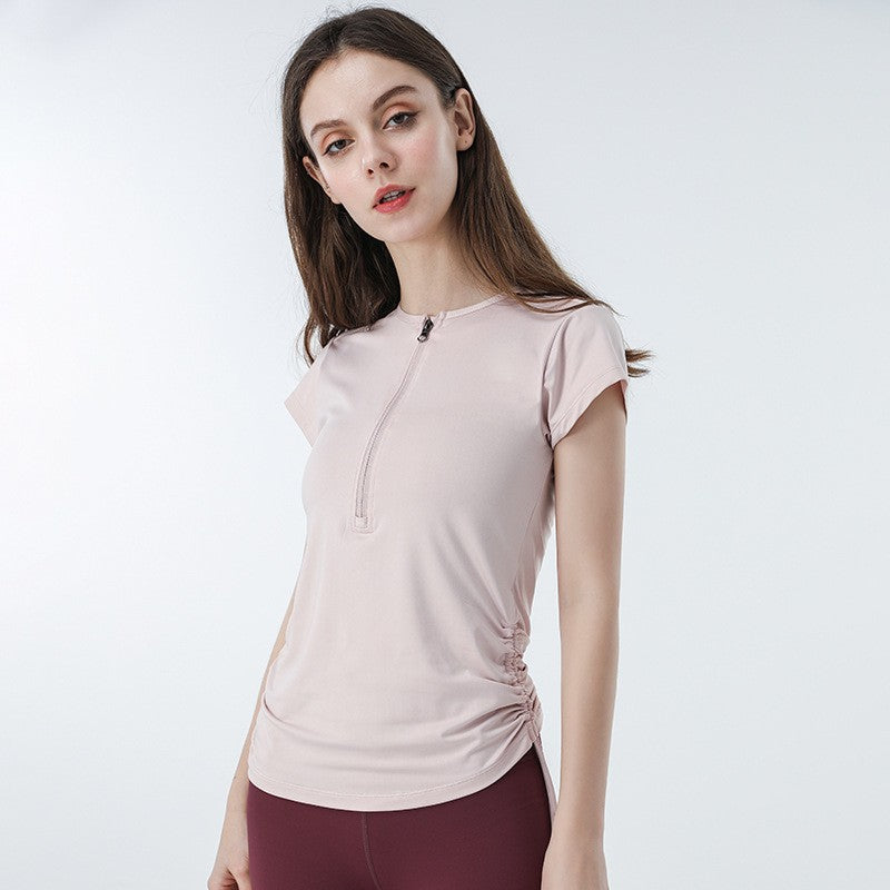 Stretch Ruched Half Zip Short Sleeve Workout Tee