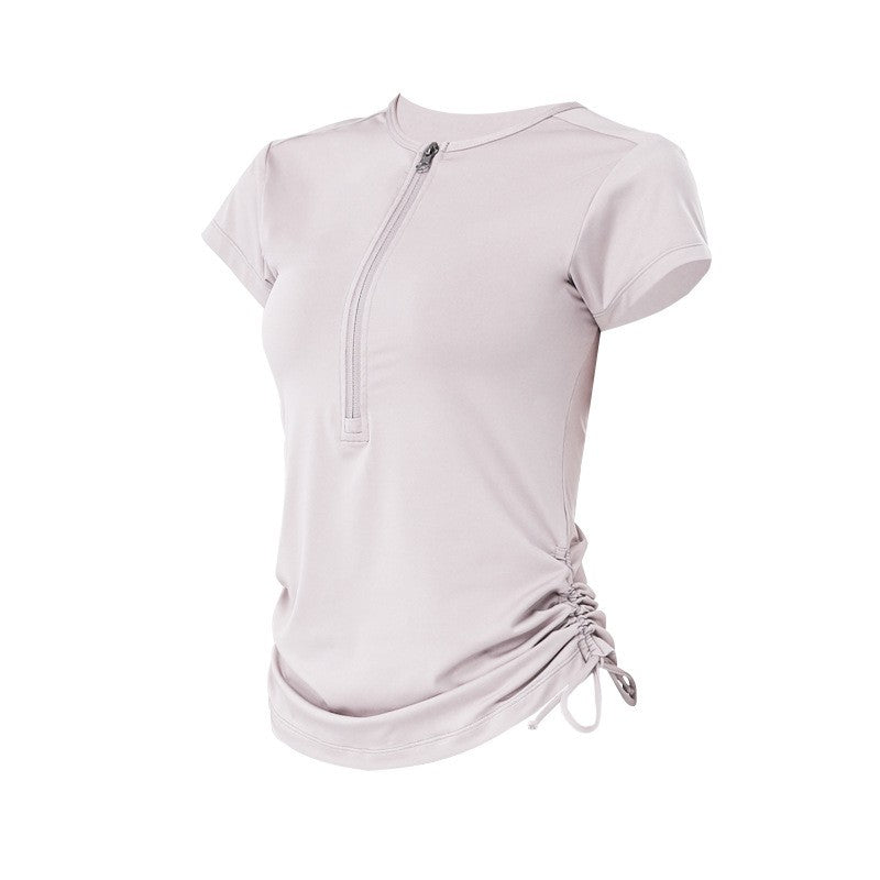 Stretch Ruched Half Zip Short Sleeve Workout Tee