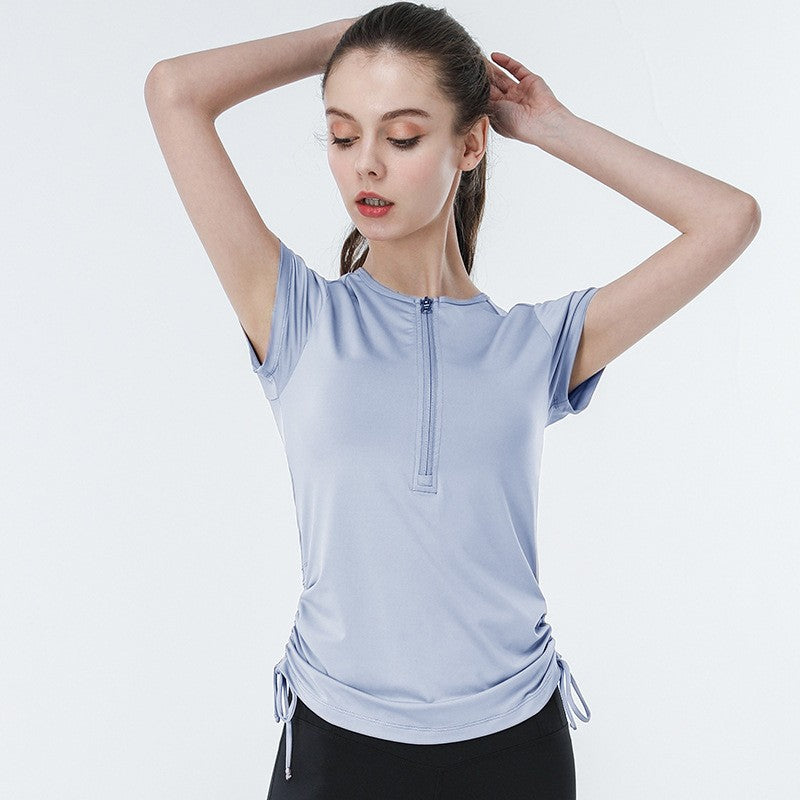 Stretch Ruched Half Zip Short Sleeve Workout Tee