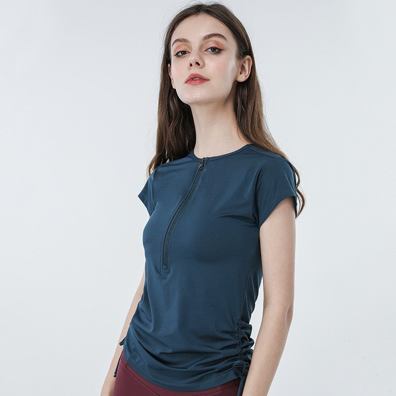 Stretch Ruched Half Zip Short Sleeve Workout Tee