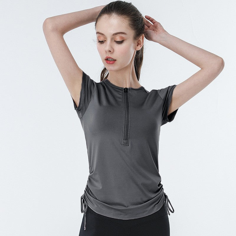 Stretch Ruched Half Zip Short Sleeve Workout Tee