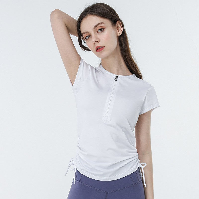 Stretch Ruched Half Zip Short Sleeve Workout Tee