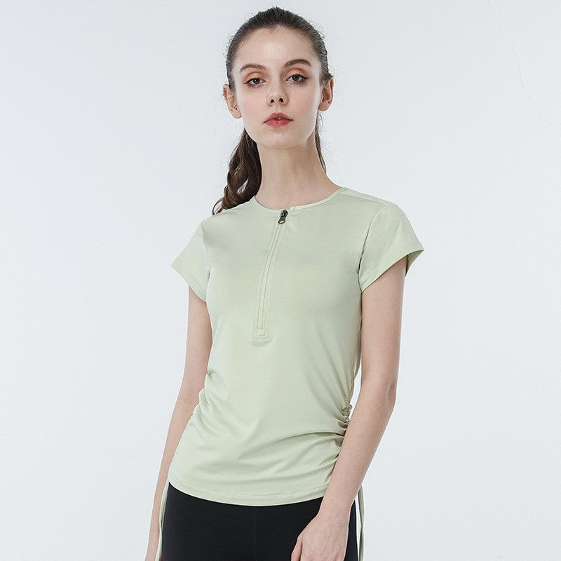 Stretch Ruched Half Zip Short Sleeve Workout Tee