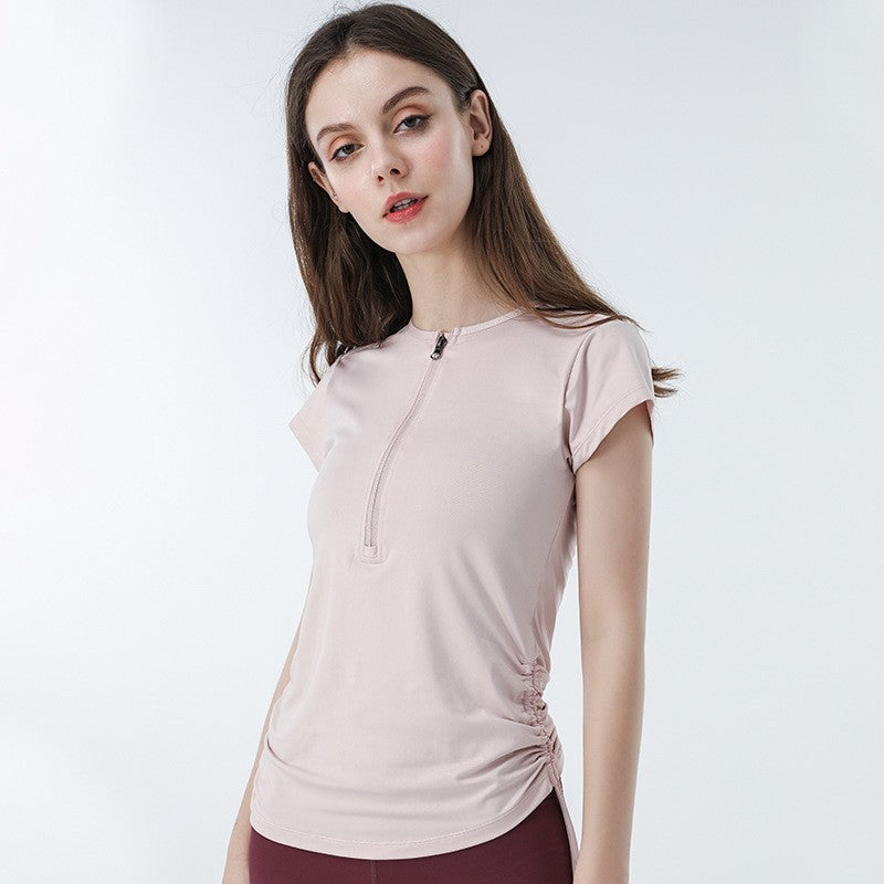 Stretch Ruched Half Zip Short Sleeve Workout Tee