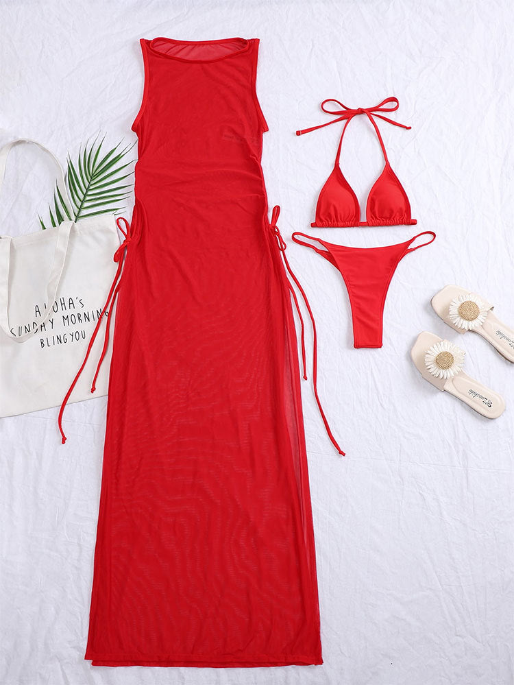 Sheer Mesh Maxi Cover Up and Bikini Set - Red