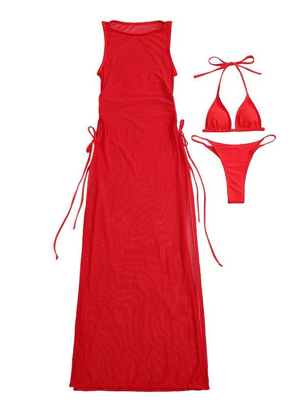 Sheer Mesh Maxi Cover Up and Bikini Set - Red - 1