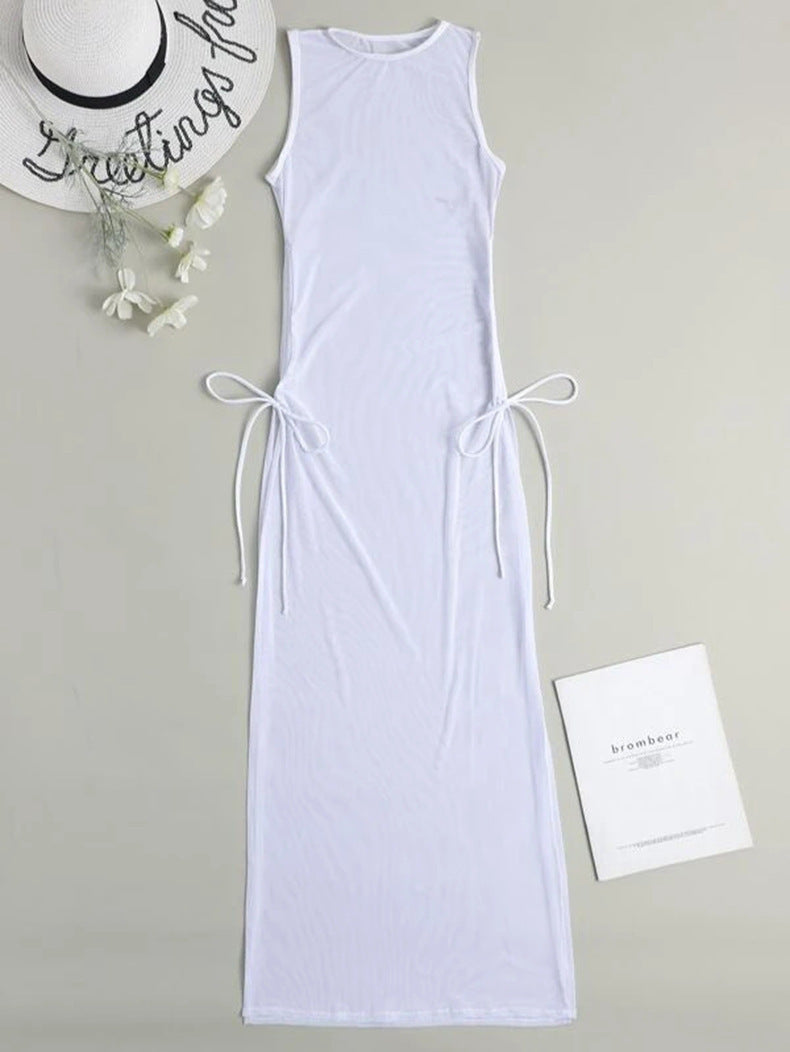 Sheer Mesh Maxi Cover Up and Bikini Set - White - 2