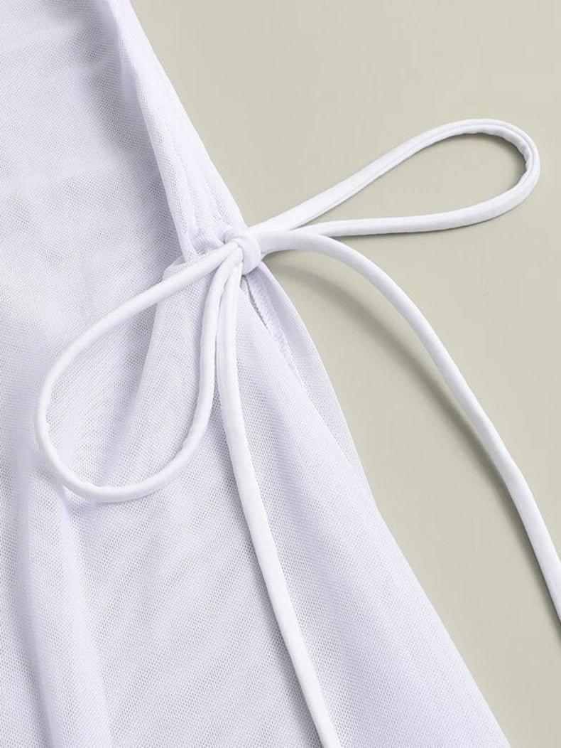Sheer Mesh Maxi Cover Up and Bikini Set - White - 3