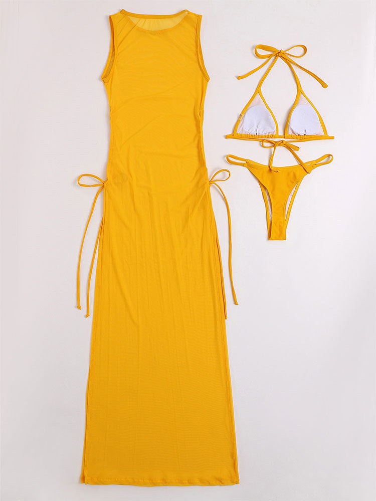 Sheer Mesh Maxi Cover Up and Bikini Set - Yellow