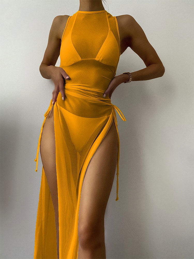 Sheer Mesh Maxi Cover Up and Bikini Set - Yellow - 1