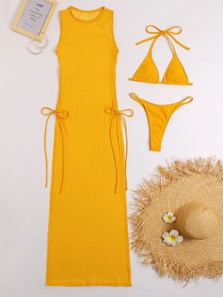 Sheer Mesh Maxi Cover Up and Bikini Set - Yellow - 3