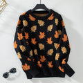 Autumn Maple Leaf Knit Pullover Sweater - Black