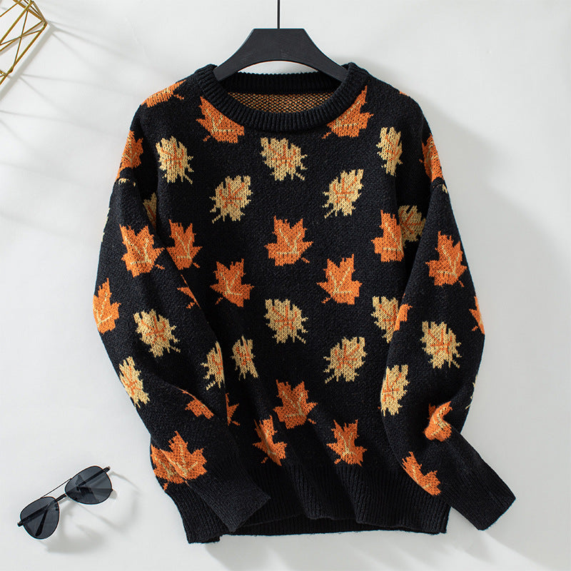 Autumn Maple Leaf Knit Pullover Sweater - Black