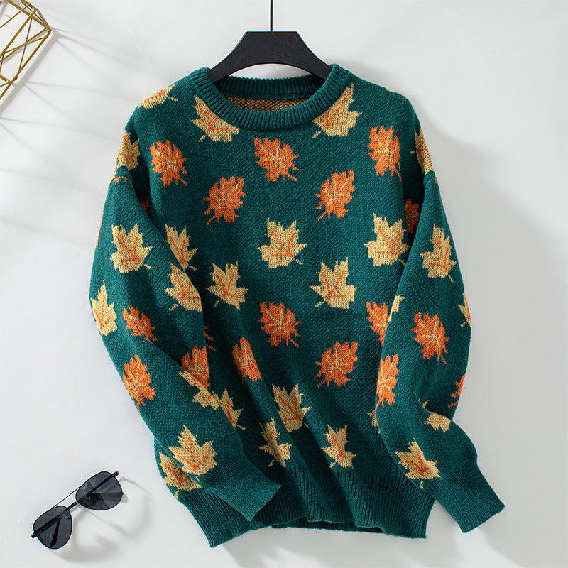 Autumn Maple Leaf Knit Pullover Sweater - Green