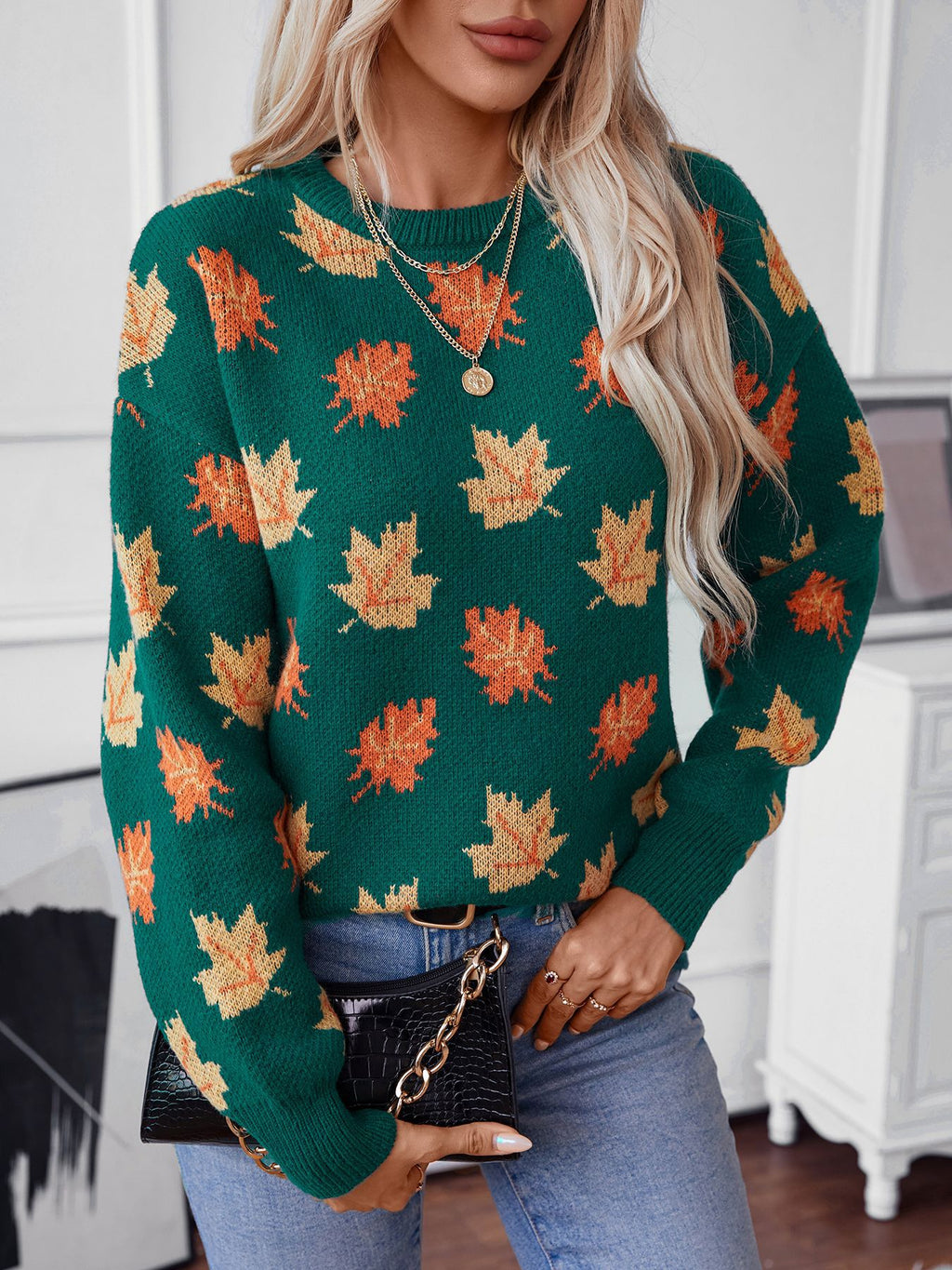 Autumn Maple Leaf Knit Pullover Sweater - Green - 1