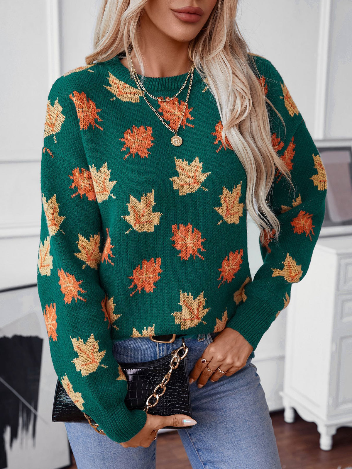 Autumn Maple Leaf Knit Pullover Sweater - Green - 1