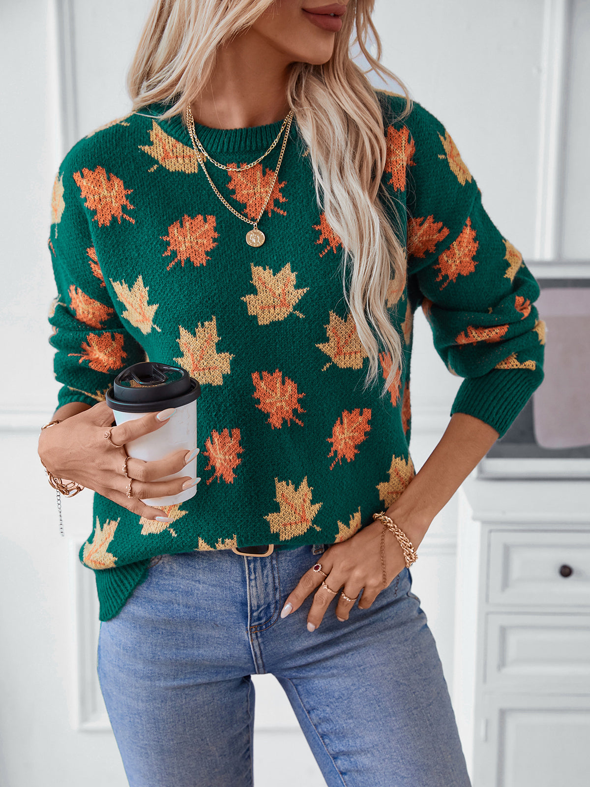 Autumn Maple Leaf Knit Pullover Sweater - Green - 2