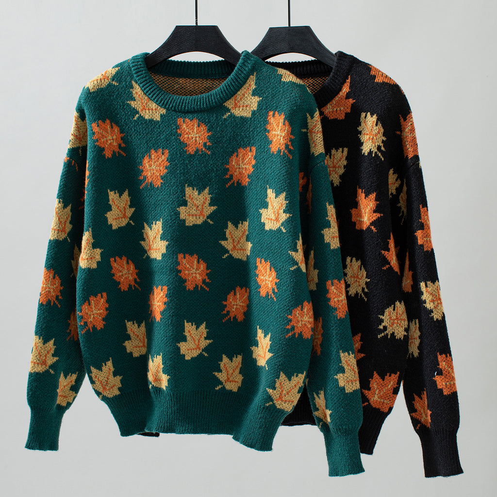 Autumn Maple Leaf Knit Pullover Sweater - Green - 3