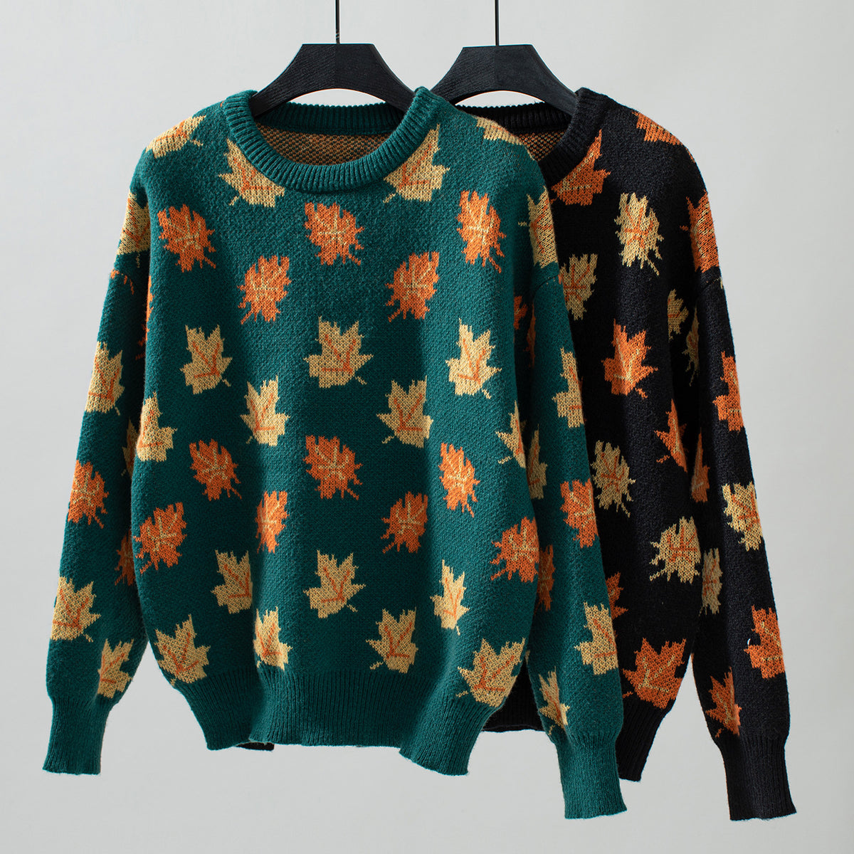 Autumn Maple Leaf Knit Pullover Sweater - Green - 3