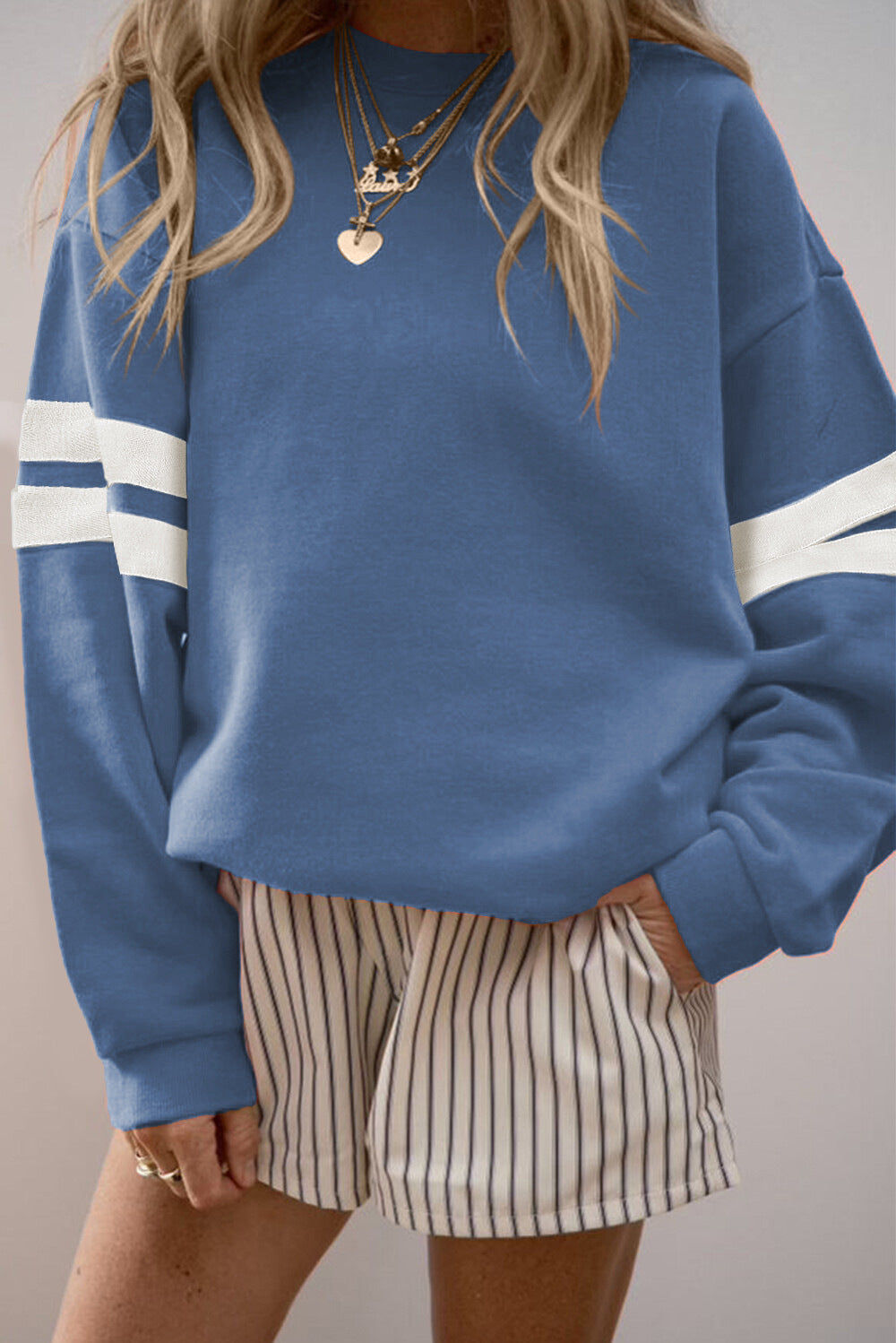 Varsity Stripe Sleeve Crew Sweatshirt - Blue